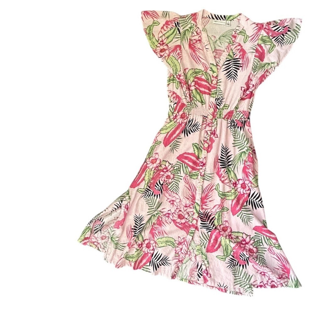 Rafaella Dress Womens M Pink Green Tropical Floral Button Front Midi - Picture 7 of 11